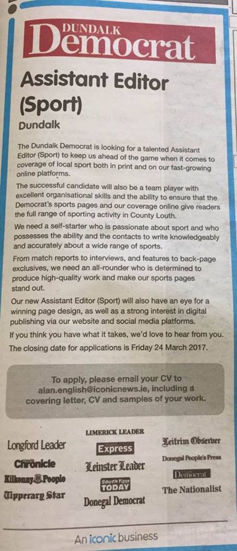Tipperary Star: Assistant Editor - Sport
