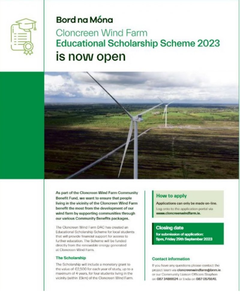 Bord na Mona Cloncreen Wind Farm Educational Scholarship Scheme 2023 is now open