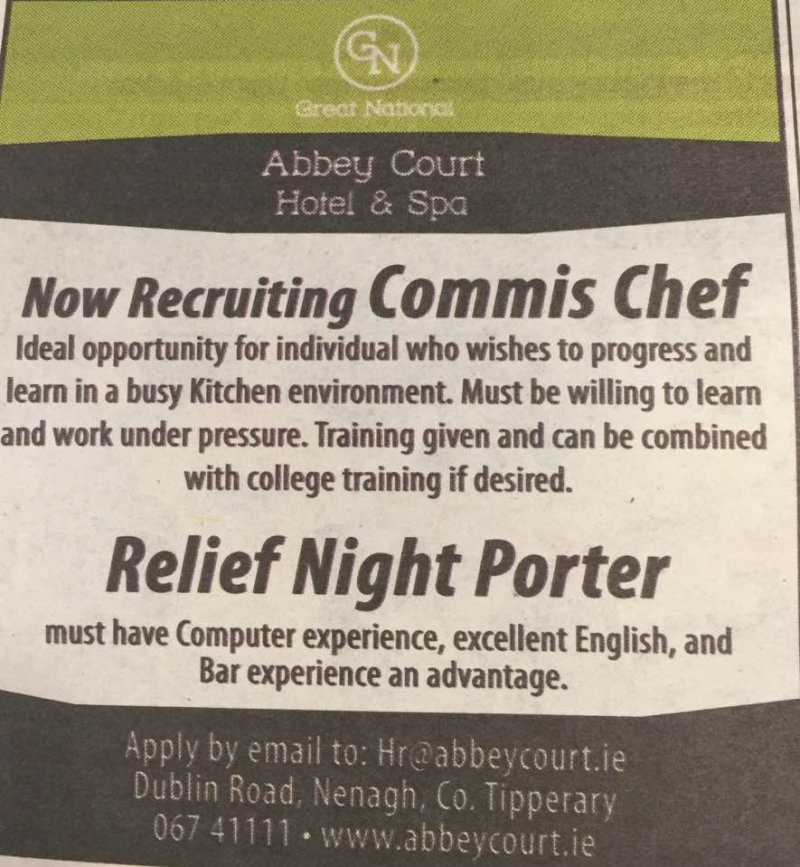 Nenagh Guardian - Commis Chef & Relief Night Porter