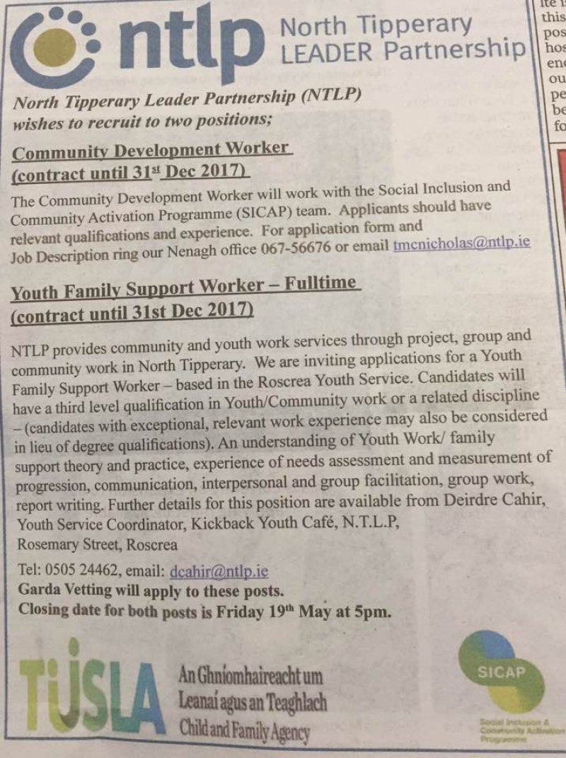 Nenagh Guardian - Community Development Worker/Youth Family Support Worker