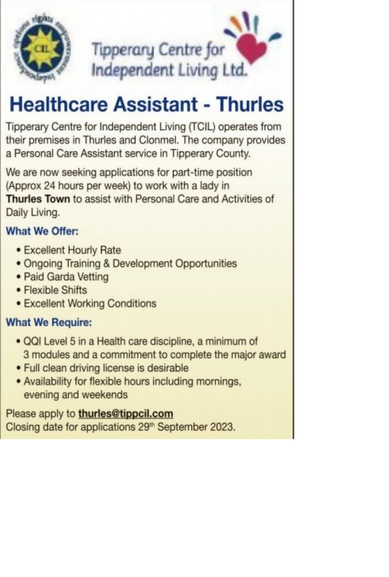 Part-Time Healthcare Assistant Based in Thurles Wanted