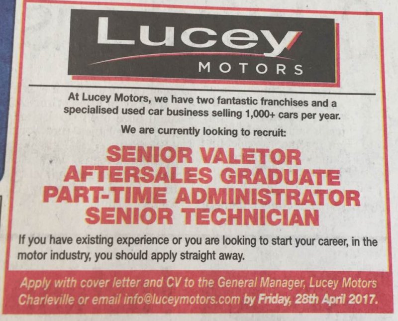 Limerick Leader - Senior Valetor, Aftersales Graduate, Part Time Administrator, Senior Technician1
