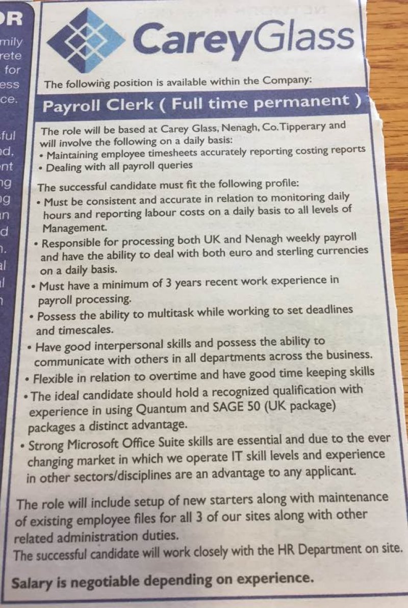 Tipperary Star - Payroll Clerk