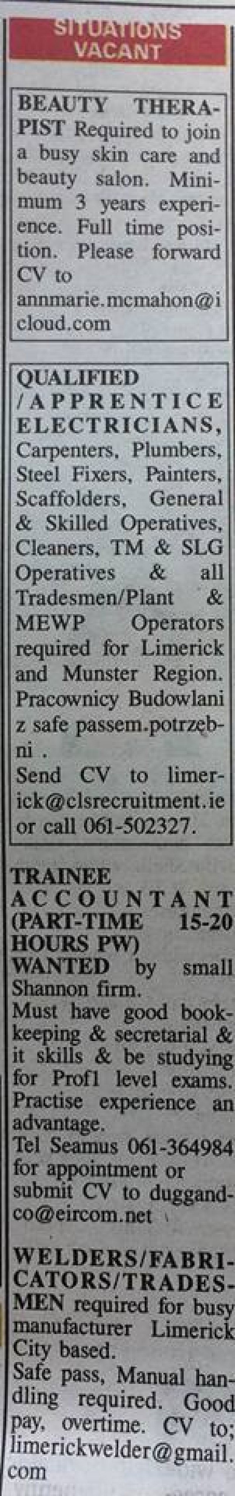 Limerick Leader - Situations Vacant